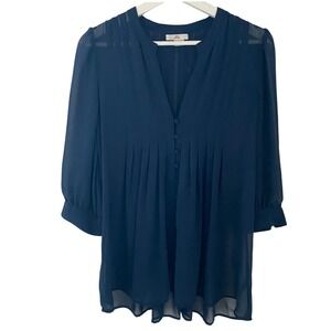 Joie Navy Button Front Blouse Pleated V-Neck 3/4‎ Sleeve Sheer Top Small